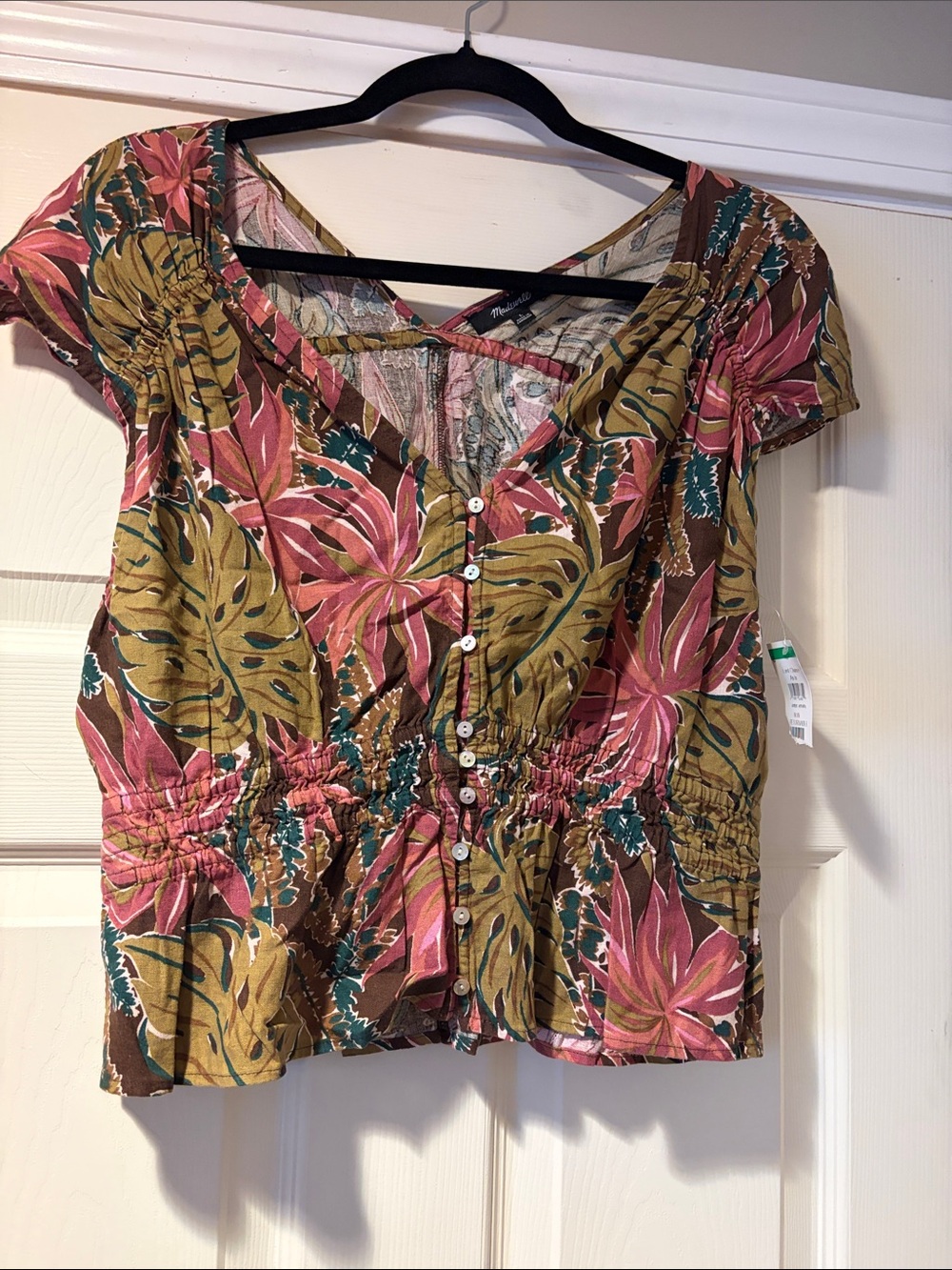 Madewell Linen Blend Button-Front Peplum Top in Pink and Olive L